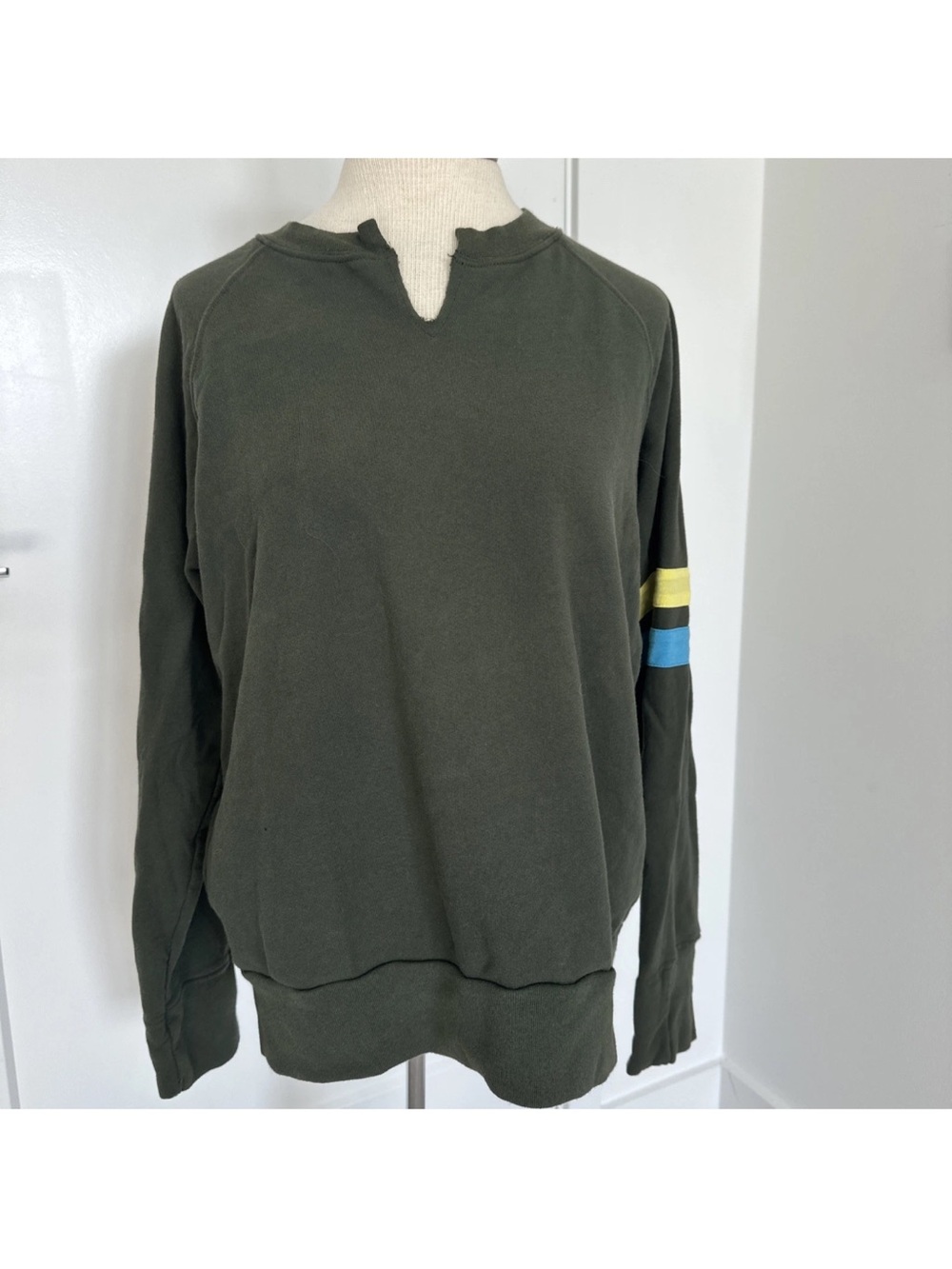 Splits59 Women Pullover Sweatshirt Split Neck 100% Cotton SZ M Army Green